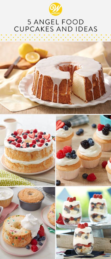 5 Angel Food Cupcakes and Ideas - The Wilton Blog Fancy Angel Food Cake, Angel Food Cake Ideas, Food Cake Ideas, Angel Food Cake Toppings, Angel Food Cake Cupcakes, Easy Angel Food Cake, Traditional Christmas Dessert Recipes, Lemon Angel Food Cake, Angel Food Cupcakes