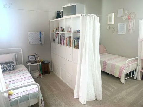 Divide a Room with an IKEA KALLAX Shelf - Cutesy Crafts Shared Room Divider Ideas, Room Divider Ideas Bedroom, Ikea Room Divider, Kids Room Divider, Bedroom Divider, Game Room Ideas, Ikea Kallax Shelf, Kids Rooms Shared, Kids Shared Bedroom