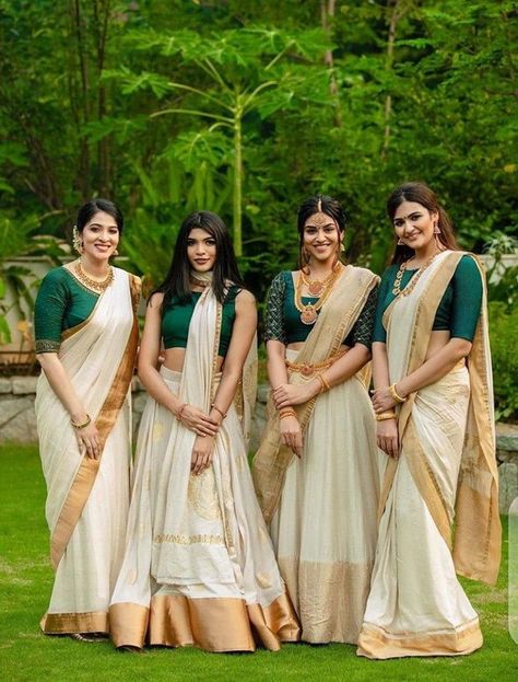 Kerala Bridesmaid Dresses Hindu, Brides Maids Outfit, South Indian Wedding Outfits Sisters, Onam Attire For Women, Bride Sister Dress Indian, Indian Wedding Outfits Sisters, Onam Shoot, South Indian Bridesmaids, Onam Photoshoot