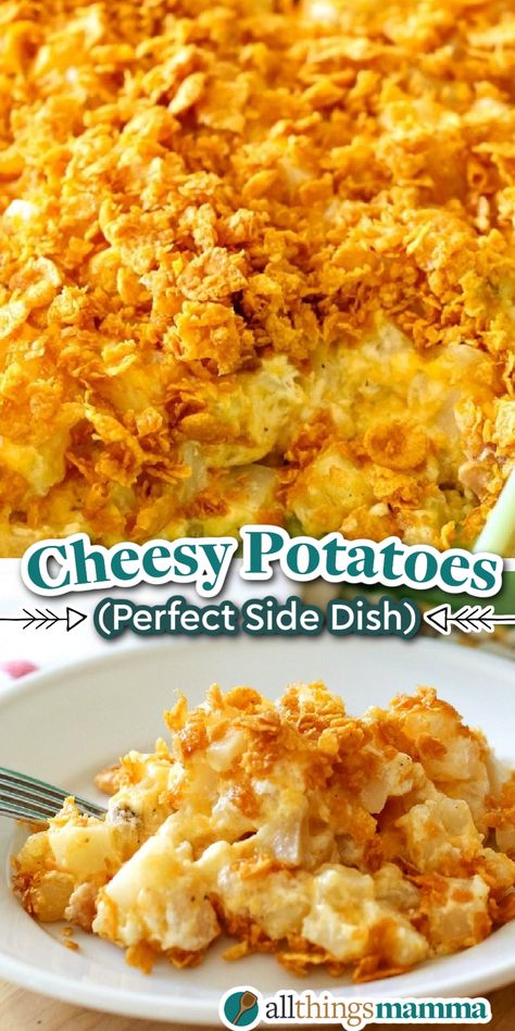 collage image of Easy Cheesy Potatoes. Cheesy Hashbrown Potatoes Easy, Cornflake Cheesy Potatoes, Cheesy Potatoes With Chips On Top, Cheese Potatoes Hashbrowns, Cheesy Potatoes Thanksgiving, Sour Cream Potatoes Bake, Baked Cheesy Hashbrown Casserole, Shredded Hashbrown Cheesy Potatoes, Cheddar Cheese Potatoes