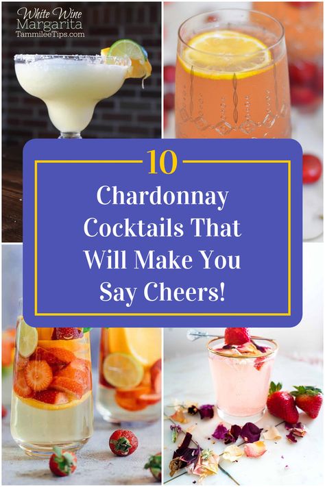 Collage of 4 chardonnay cocktails. Chardonnay Sangria, Chardonnay Drinks, Ginger Cocktail Recipes, Wine Spritzer Recipe, White Wine Cocktail, Wine Mixed Drinks, Best Mixed Drinks, Spritzer Recipes, Ginger Cocktails