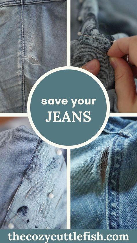 Mending jeans doesn’t have to be a chore with these fast and easy hand-sewing techniques to repair holes, tears, and wear. Mend Jeans Holes, Mending Jeans By Hand, Cross Stitch On Jeans, Jeans Patches Diy, How To Mend Jeans, Jeans Mending, Visible Mending Jeans, Jean Mending, Repairing Clothes