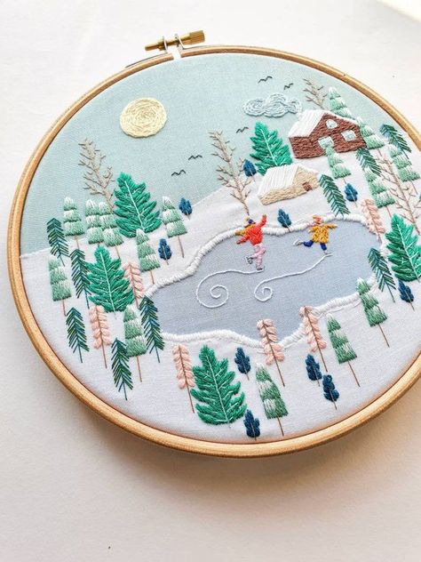 embroidery patterns Winter Scene Embroidery, Layered Fabric Embroidery, Layered Embroidery Art, Snow Globe Embroidery, Spring Embroidery Designs, Cozy Embroidery, Snow Embroidery, Embroidery Pictures, Easter Embroidery Patterns