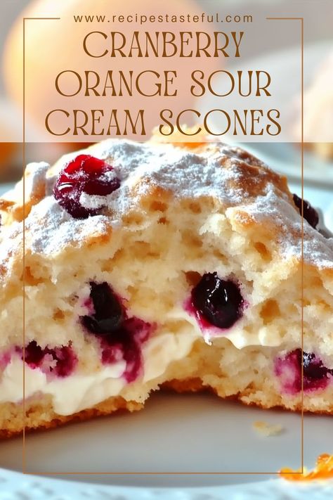 Delight in these tender and flaky cranberry orange sour cream scones, bursting with sweet cranberries and a hint of citrus. Perfect for breakfast, brunch, or as a delightful snack! Cranberry Orange Cream Scones, Dried Cranberry Scones Recipe, Orange Cranberry Cream Scones, Sour Cream Cranberry Muffins, Raspberry Scones Pioneer Woman, Sour Cream Muffins Easy, Scone Icing Recipe, Cranberry Orange Scones Ina Garten, Cranberry Cream Cheese Scones