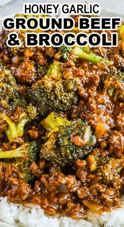 An easy all-in-one dinner made with only 5 ingredients! Honey garlic ground beef and broccoli takes less than 20 minutes to make and can be serve with rice. My family really loved this recipe!H Easy Fast Dinner Recipes Ground Beef, Ground Beef Rice Broccoli Recipes, Hamburger Meat And Broccoli Recipes, Meals Made With Hamburger Meat, Easy Dinner Ideas College, Easy Ground Beef And Broccoli, Finely Diced Beef Recipes, Hamburger Meat Recipes For Dinner Casseroles, Honey Garlic Beef And Broccoli