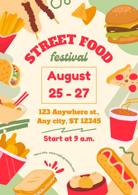 Street Food Festival Colorful Illustrative Canva Template International Food fest. #canva #template #food #street #international #fast #colorful #summer #fest Food Stall Poster Ideas, Food Stall Poster Design, Food Fest Poster Design, Street Food Festival Poster, Food Fair Poster, Poster Food Festival, Food Festival Poster Design Ideas, Food Event Poster Design, Poster Food Design Ideas