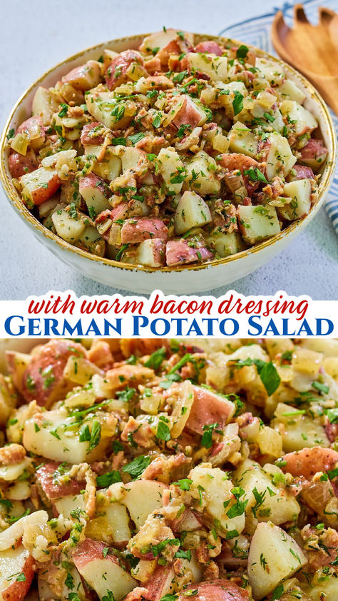 This German potato salad is full of flavor with its warm bacon dressing. It is a great side dish for so many different kinds of meals. You can serve it hot or at room temperature. It is such a flavorful way to eat your potatoes. Picnic Potatoes Side Dishes, Warm Potato Salad, German Potato Salad Recipe Cold, Hot German Potato Salad, Warm Potato Salad With Bacon, German Potato Salad Without Bacon, German Style Potato Salad, Warm German Potato Salad With Bacon, Bacon Wrapped Pork Loin