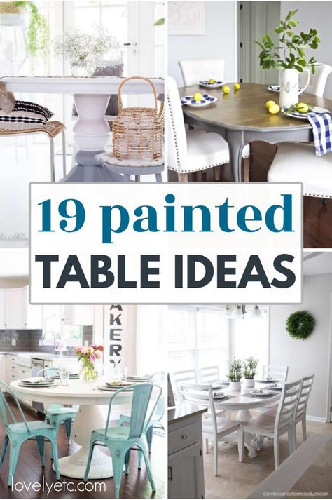 Painted dining table and kitchen table ideas that will give you plenty of inspiration for updating your own table. These painted table ideas include fresh paint finishes for refinishing all different types of tables. Painted Dining Tables Ideas, Dining Room Table Painted, Painted Oak Dining Table And Chairs, Round Dining Table Color Ideas, White Dining Table Blue Chairs, Blue And Grey Dinning Table, White Table And Chairs Dining Room, Chalk Painted Table And Chairs, White Dining Room Table Ideas