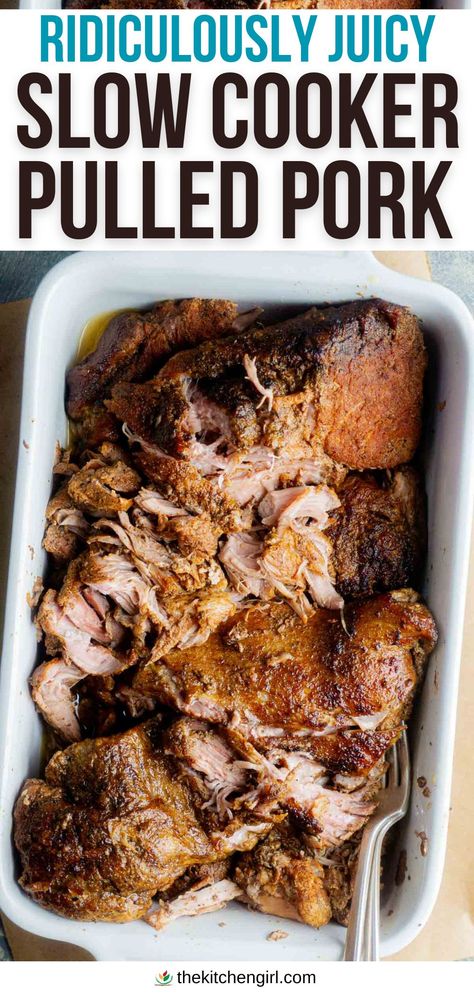 Image of juicy shredded pulled pork in white serving dish with two forks. title text: "ridiculously juicy slow cooker pulled pork" Plain Pulled Pork Crock Pot Recipes, Italian Pulled Pork Crock Pot, Pulled Pork Sandwiches Toppings, Pork Loin Pulled Pork Slow Cooker, Best Pulled Pork Crock Pot Recipes, Easy Pulled Pork Crock Pot Recipes, Slow Cook Pulled Pork, Pulled Pork Crock Pot Recipes, Best Slow Cooker Pulled Pork