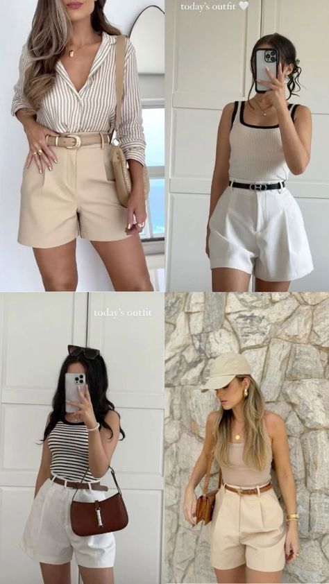 Trouser Shorts Outfit Summer, Libra Rising Style Outfits, Libra Venus Style Outfits, Short Trousers Outfit Women, Capricorn Venus Outfits, Outfits Para Brunch, Outfit Para Brunch, High Waist Shorts Outfit, Trouser Shorts Outfit