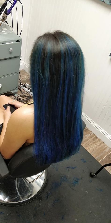 Blue Hair Strikes, Blue Stripes In Hair, Blue Hair With Highlights Blonde, Midnight Dark Blue Hair Highlights, Moonlight Blue Hair, Electric Blue Highlights In Black Hair, Black Blue Highlights Hair, Blue Hilights Hair, Dark Blue Roots Black Hair