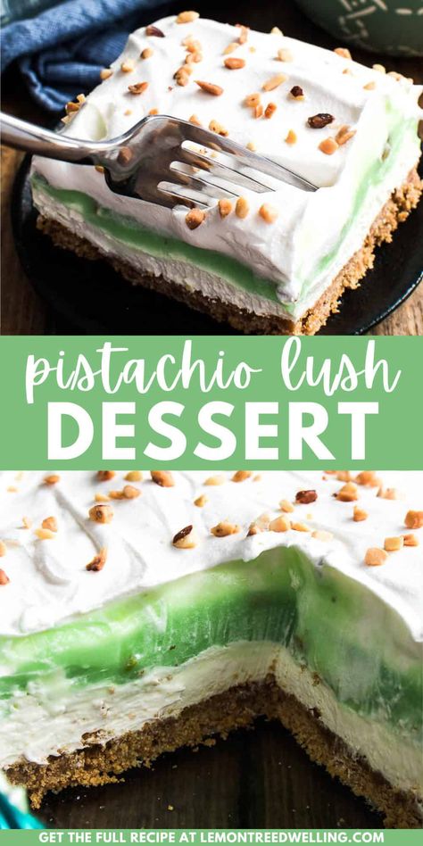 Pistachio Lush Dessert is one of our family's favorites! Layers of cheesecake, whipped topping, and pistachio pudding are combined with a delicious graham cracker crust for a creamy, decadent dessert that everyone LOVES! Pistachio Lush Dessert, Pistachio Lush, Cheesecake Whipped Cream, Pudding Desert, Pistachio Pudding Dessert, Pistachio Pie, Pistachio Dessert Pudding, Oreo Trifle, Buttercream Recipes