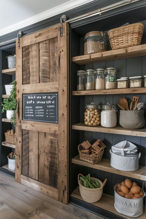 Keep your kitchen organized with a modern farmhouse kitchen mudroom. Explore storage solutions, seating options, and design ideas. #ModernFarmhouse #KitchenDesign #MudroomIdeas #Organization #HomeImprovement Pantry Design In Kitchen, Farmhouse Food Storage, Farmhouse Small Pantry, House Kitchen Organization, Mudroom Pantry Ideas, Modern Farmhouse Kitchen Decorations, Kitchen Linen Organization, Reclaimed Interior Design, Unique Kitchen Pantry Ideas