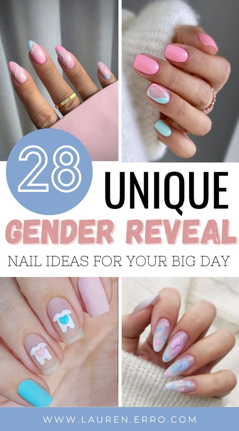 This post has 28 unique and fun baby Gender Reveal nail ideas. These designs are great for a baby gender reveal party or a baby shower! Whether you're the guest of honor, a supportive friend, or a nail art enthusiast these designs are perfect for the big day. So get ready for some amazing nail inspiration! Pink Or Blue Nails, Gender Reveal Manicure Ideas, Nails For Gender Reveal Party, Nail Designs Gender Reveal, White Gender Reveal Nails, Gender Reveal Nails French Tip, Gender Reveal Pedicure Ideas, Gender Reveal Manicure, Subtle Gender Reveal Nails