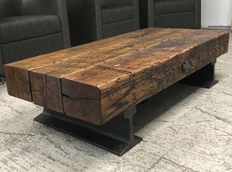 gooddori Timber Beams, Rustic Coffee Tables, Diy Coffee Table, Cool Coffee Tables, Household Furniture, Furniture Kitchen, Play Kitchen, Metal Furniture, Repurposed Furniture