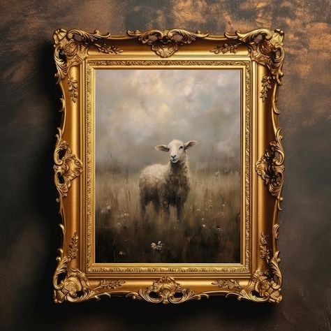 PrintEtherealArt - Etsy Cottagecore Prints, Farm Painting, Wall Decor Antique, Sheep Paintings, Grainy Texture, Moody Decor, Field Landscape, Antique Oil Painting, Realistic Paintings