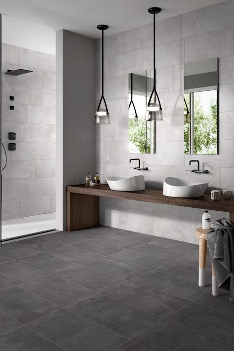 Concrete Look Bathroom Tiles, Porcelain Concrete Look Tile, Concrete Tile Bathroom Ideas, Large Gray Tile Bathroom, Gray Tiles For Bathroom, Dark Grey Floor Bathroom, Grey Tile Bedroom, Concrete Shower Ideas, Concrete Look Tile Bathroom