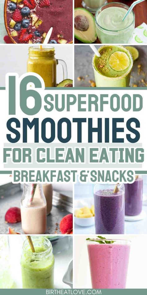 Blend up some unique superfood smoothie recipes for Summer. These healthy smoothies are loaded with super foods like chia, hemp seeds, acai, coconut and even tofu. Try these superfood smoothies for nutritious and delicious breakfasts or snacks. Great healthy drinks for clean eating diet. Shakeology Smoothie Recipes, Clean Eating Smoothie Recipes, Whole Food Smoothies, Healthiest Smoothie Recipes, Clean Smoothie Recipes, Super Food Smoothies, Meal Smoothies, Wellness Smoothie, Breakfast Smoothie Healthy