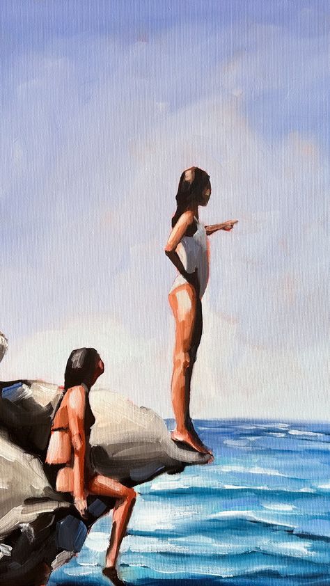 Two young female figures are on a rock's ledge overlooking the ocean. One points to a background of clear blue sky. Paintings Of The Sea, Things To Paint Acrylic, Summer Art Paintings, Prints To Paint, Paintings For Friends, Art Inspo Painting, Best Friends Painting, Figure In Landscape, Best Friend Painting