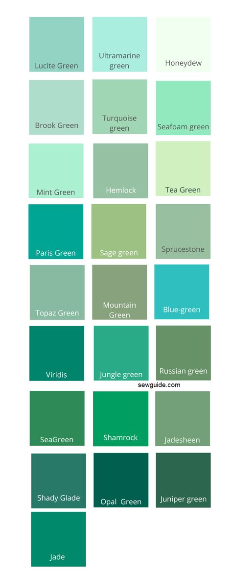 Mint Color Names, Green Palate Color Palettes, Different Shades Of Colors, Green Color Names Shades, Green Shades For Bedroom, Types Of Greens Colours, Green Shades Name, Green Colour Names, Color That Goes With Green