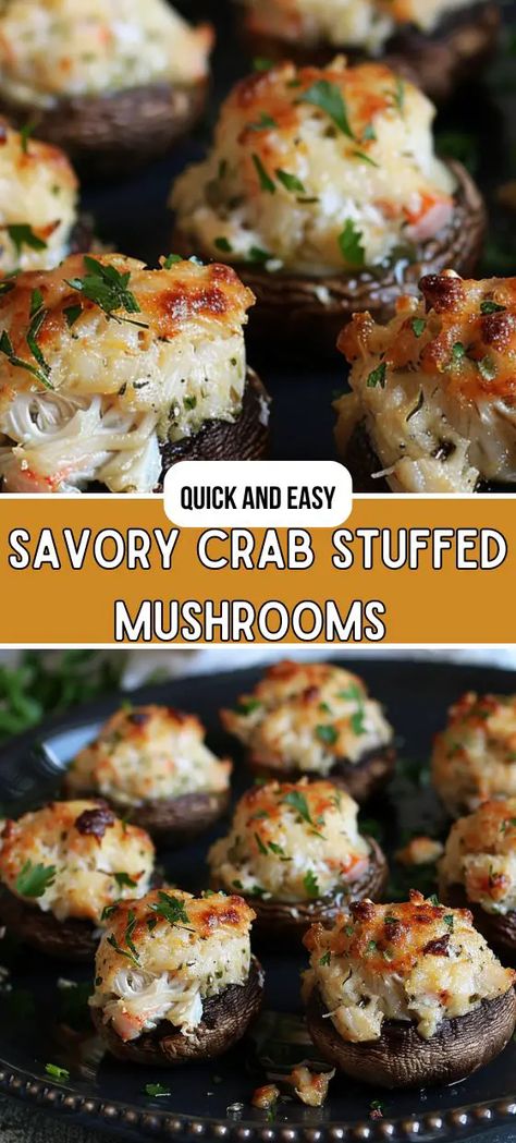 Savory Crab Stuffed Mushrooms Recipe Mushroom Appetizer Recipes, Mushroom Side Dishes, Mushroom Recipes Healthy, Crab Stuffed Mushrooms, Mushroom Appetizers, Creamy Crab, Crab Stuffed, Mushroom Dish, Stuffed Mushroom