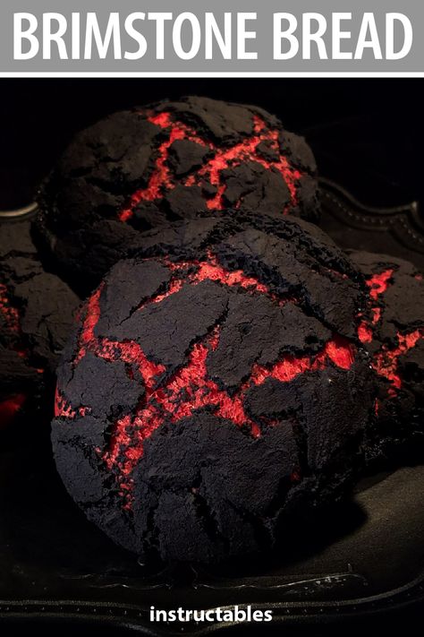 Brimstone Bread Recipe, Halloween Brimstone Bread, Creepy Baking, Brimstone Bread, Gothic Food Recipes, Emo Desserts, Ghost Bread, Goth Picnic Food, Black Bread Recipe