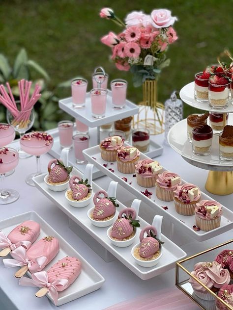 Sweet Sixteen Tea Party Ideas, Bridgerton Dessert Table, Dessert Business, Pink Dessert Tables, Pink Dessert, Sweet Sixteen Birthday Party Ideas, Pink Desserts, Bridal Shower Inspo, Chocolate Crafts