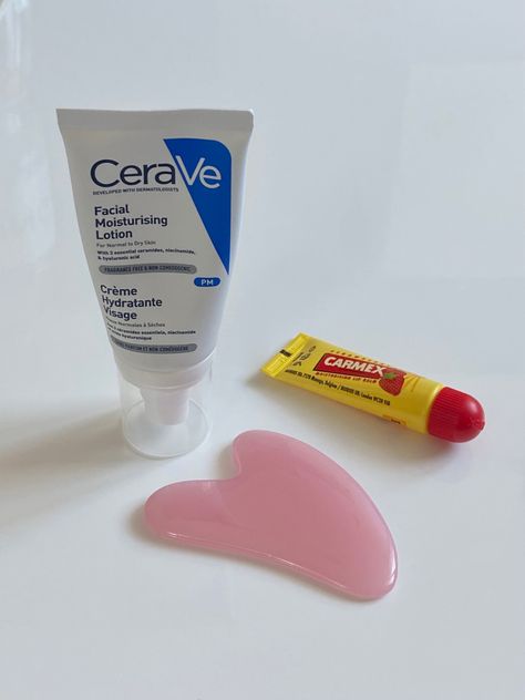 skin care products, gua sha, carmex lip balm Cerave Lipbalm, Carmex Cherry, Carmex Strawberry, Pink Skin Care, Carmex Lip Balm, Girl Products, Strawberry Lip Balm, Beautiful Skin Care, Pink Skin