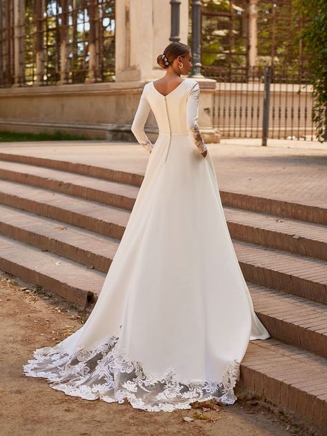 Bateau Neckline Wedding Dress Long Sleeve, V Neck Modest Wedding Dress, Satin Wedding Dress Sleeves, Satin Wedding Dress Modest, Modest Elegant Wedding Dress, Long Sleeve Satin Wedding Dress, Conservative Wedding Dress, Moonlight Bridal, Wedding Dress Buttons