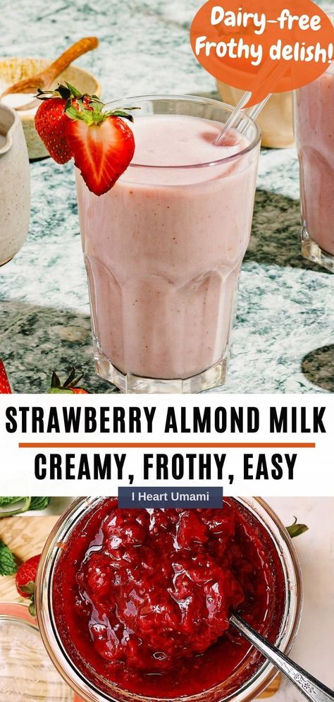 Make homemade Strawberry Almond Milk in 1 minute! Sweetened with maple syrup, protein-boosted, and made with just 5 simple ingredients. #strawberrymilk #dairyfreemilk #strawberryrecipes #strawberries #summerdrinks #smoothie #healthysmoothie #lowsugardrinks Recipes With Almond Milk, Gluten Free Stir Fry, Umami Recipes, Homemade Takeout, Gluten Free Asian Recipes, Strawberry Almond Milk, Low Sugar Drinks, Stir Fry Recipes Healthy, Unflavored Protein Powder