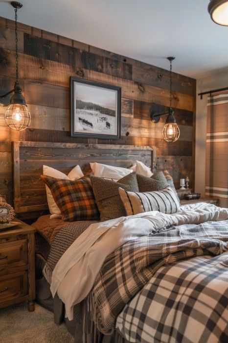 Masculine Bedroom Rustic Decor, Mountain Guest Bedroom, Rustic Oak Bedroom Ideas, Rustic Bed Ideas, Rooms With Slanted Ceilings Bedrooms, Cozy Wooden Bedroom, Country Boy Room Ideas, Rustic Boys Bedroom Ideas, Rustic Small Bedroom