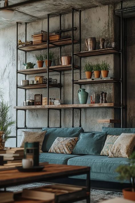 36 Industrial Living Room Design Ideas for Modern Home Decor | VIVA Industrial Vibe Interior Design, Rustic Industrial Farmhouse Living Room, Cottage Core Industrial, Retro Industrial Design, Blue Industrial Living Room, Colorful Industrial Interior, Industrial Room Decor, Industrial Design Aesthetic, Japanese Industrial Interior