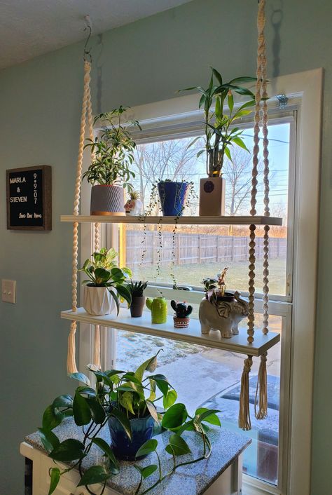 Macrame plant shelves hanger Wood Window Plant Shelf, Macrame Plant Hanger In Window, Hanging Shelf Window, Window Plant Hanger Curtain Rods, Window Hanging Shelves For Plants, Shelf In Window For Plants, Plant Hanging Ideas Window, Hanging Shelf In Front Of Window, Diy Kitchen Window Shelf