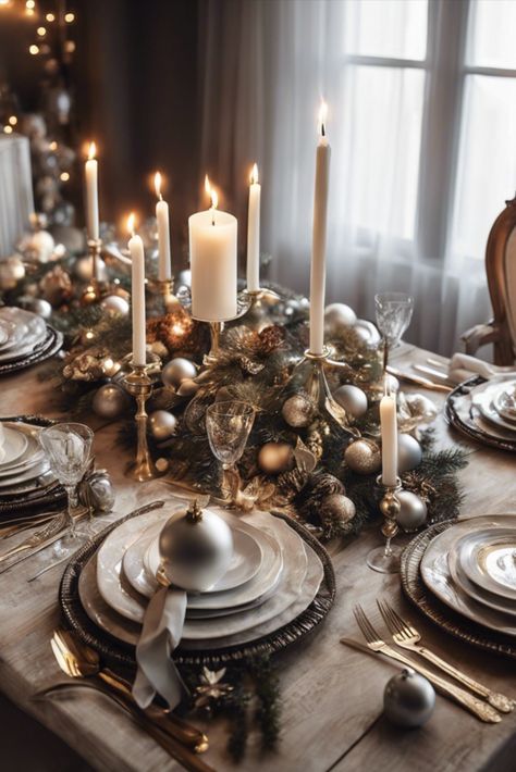 Set the stage for unforgettable holiday meals with these luxurious table settings. Explore color schemes, place settings, and centerpieces that will impress your guests. Gold Elegant Christmas Decor, Luxury Christmas Table Settings, Gold And Silver Christmas Table, Classy Christmas Table Decor, Formal Table Setting Ideas, Gold Christmas Table, Round Table Settings, Christmas Dining Table Decorations, Gold Table Decor