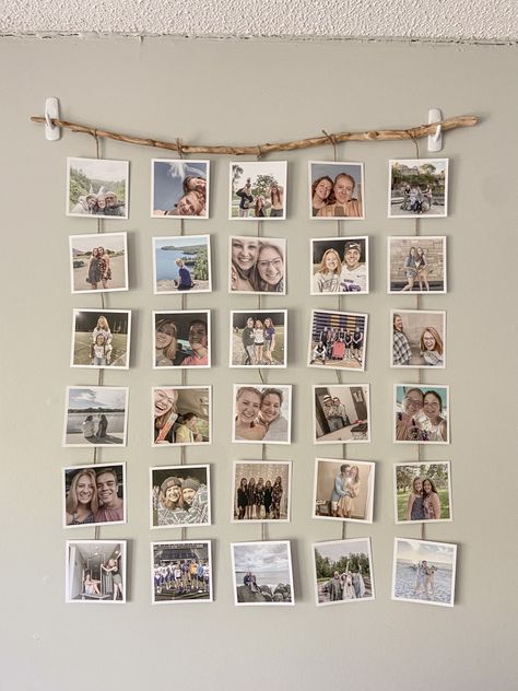 Ideas For Hanging Polaroids On Wall, Mini Photo Wall Ideas, Cute Picture Display Ideas, Hanging Pictures On The Wall Ideas Diy, Pictures For Wall Ideas, Hanging Up Pictures Ideas, Photo Wall Collage Ideas Diy, Photo Peg Wall, Hanging Pics On Wall Ideas