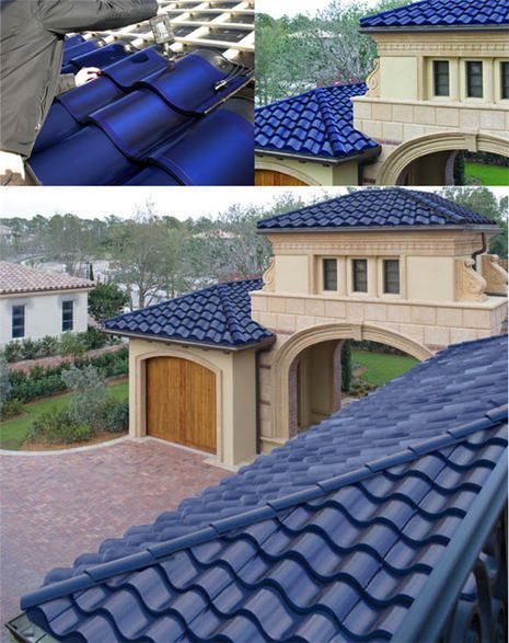 No more big boxes on your roof. Go green Mediterranean-style. Solé Power Tiles allow homeowners to make eco-friendly choices without sacrificing style. Created by SRS Energy, these tiles feature flexible solar panels. | Tiny Homes Solar Tiles, Solar Shingles, Alternative Energie, Solar Panels Roof, Solar Roof Tiles, Flexible Solar Panels, Solar Roof, Casa Exterior, Blue Tile