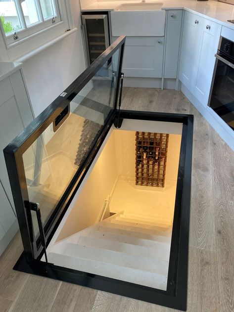 No need for a boring wooden basement hatch......how about a walk on glass floor hatch to the wine cellar! wow factor! Spiral Cellar, Basement Cellar, Cellar Conversion, Walking On Glass, Basement Stair, Basement Door, Wine Cellar Basement, Glass Wine Cellar, Cellar Doors