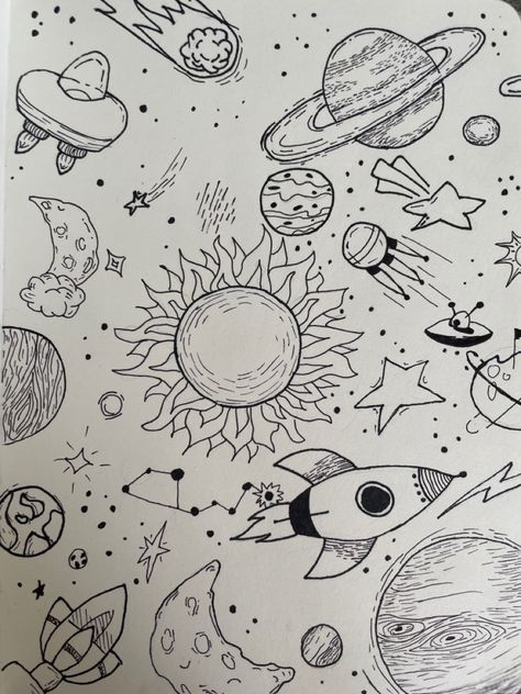 Stars And Planets Drawing, Drawing Planets Space Easy, Universe Doodle Art, Astroid Drawings, Planet Drawings, Planets Drawing, Art Ideas Drawing, Galaxy Drawing, Outer Space Drawing