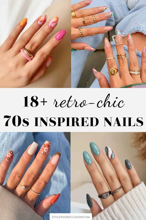 Looking for 70s inspired nails or 70s nail designs? These stunning 70s nails are retro, fun, and elevated. There’s short or natural and acrylic options, as well as almond, round, and square shaped nails to inspire you. Lots of 70s color palette inspiration including brown, blue, pink, and green design ideas. Whether you are going to the disco or not, you’ll want to try these nails! 70s Nail Art Design, 70s Nail Colors, 1970 Nails Design, 70s Inspired Nails Short, Retro Nail Art Design, 70s Gel Nails, 70s Disco Themed Nails, Retro Nail Art Short Nails, 70s Retro Nail Art