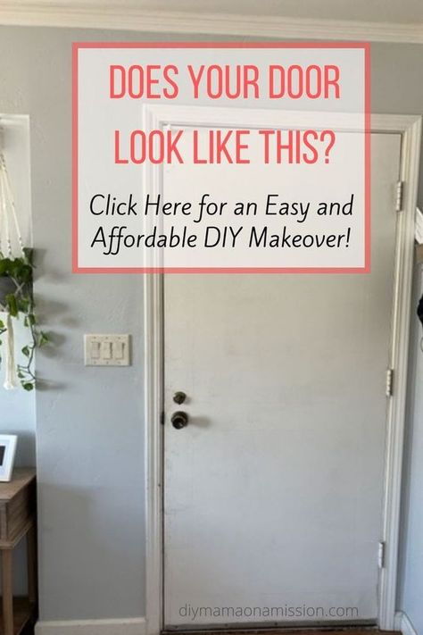 Hate your old, flat panel door? Follow this easy and affordable DIY tutorial to turn it into a beautiful statement piece. Plus tips for refinishing door hardware and trim. #addingtrimtoaflatpaneldoor #frontdoormakeover Flat Front Door Ideas, Redoing Bedroom Doors, Flat Front Door Makeover, Diy Trim On Doors, Updating Flat Doors, Upgrade Front Door Diy, Molding On Doors Diy, How To Decorate Doors Ideas, Adding Trim To Flat Doors