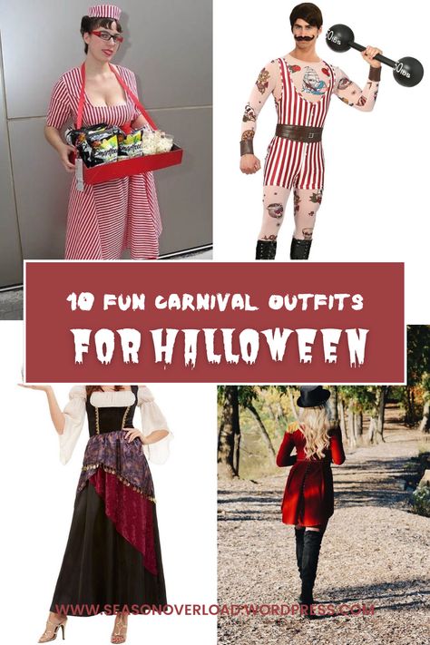 10 Carnival Halloween Costume Ideas – SeasonOverload Women’s Circus Costume, Circus Concession Costume, Carnival Costumes Diy Women, Women’s Circus Costumes, Circus Costumes Women Diy, Halloween Carnival Costumes, Carnival Theme Costume, Circus Group Halloween Costumes, Steampunk Circus Costume