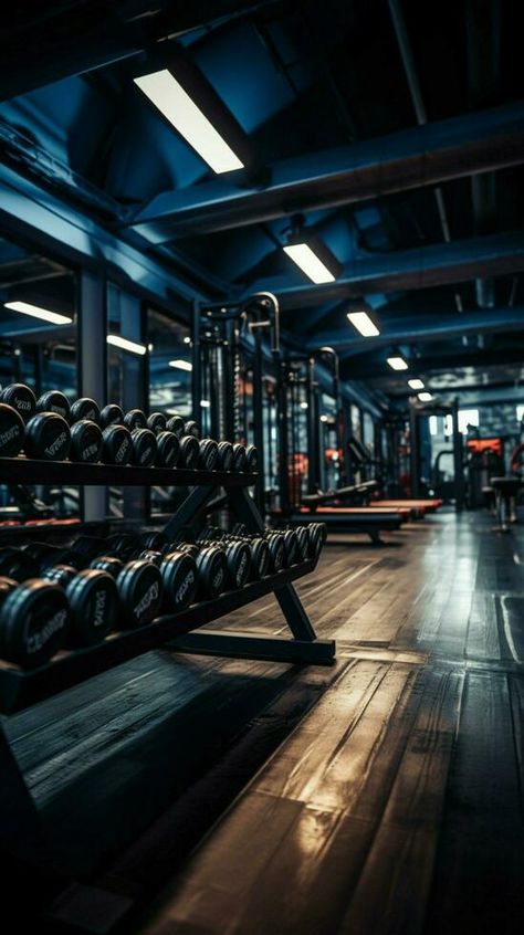 The gym features rows of dumbbells, offering a wide range of weights Vertical Mobile Wallpaper AI Generated Fitness Design Poster, Gym Workouts Wallpaper, Gym Offer Poster Design, Gym Background Wallpapers, Gym Wallpaper Backgrounds, Workout Background, Gym Wallpapers, Karate Picture, Gym Background