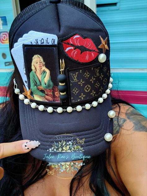 Lady Luck Trucker Hat – Julee Rae's Boutique Diy Trucker Hat Ideas, Custom Hat Ideas, Trucker Hats With Patches, Trucker Hat Ideas, Trucker Hat Designs, Trendy Trucker Hats, Bling Socks, Trucker Hat Outfit, Mardi Gras Hats