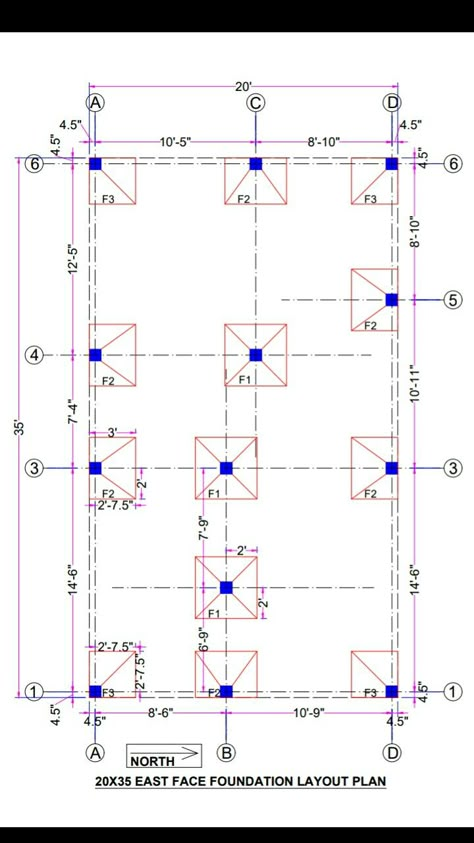 Column Layout Plan House Autocad With Measurement, Foundation Layout Plan, Column Layout Plan, Footing Detail Foundation, 20x35 House Plans, Best House Plans Layout, Small House Design Floor Plan, Site Layout Plan, Footing Foundation