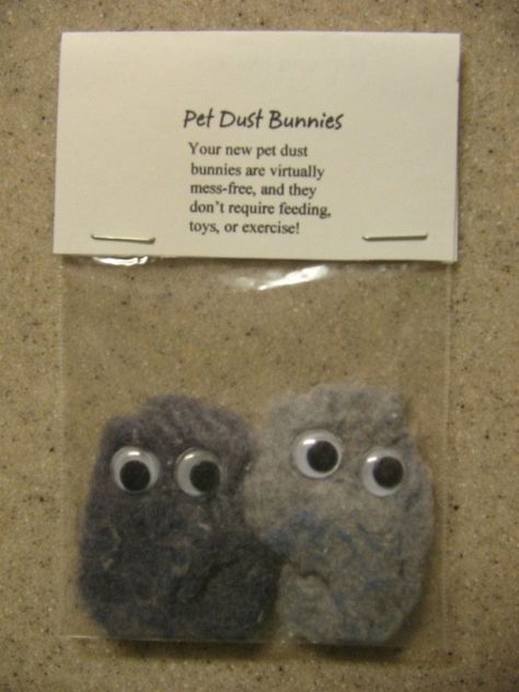 This is a guide about pet dust bunnies. If you are looking for a clever gag gift that doesn't cost much; here it is. These cuties are made of recycled dryer lint. Gift Pranks, White Elephant Gift Ideas Funny, Silly Gift Ideas, Bunnies Craft, Funny Christmas Gift Ideas, Gift Prank, Package Wrapping, Neighborhood Gifts, Reuse Crafts