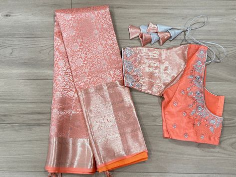 Peach Color Blouse Designs, Peach Pattu Saree, Peach Color Saree, Work Computer, Light Peach Color, Maroon Blouse, Padded Blouse, Ethnic Sarees, Embroidered Blouse Designs