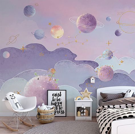 Purple Kids Room, Purple Girls Bedroom, Bedroom Purple, Space Themed Bedroom, Space Themed Room, Kids Bedroom Walls, Murals For Kids, Purple Rooms, Bedroom Murals