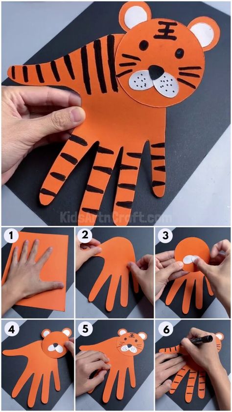 DIY Handprint Tiger Easy Craft For Kids - Kids Art & Craft How To Make A Tiger Craft, Tiger Handprint Craft, Tiger Art Preschool, Handprint Animal Crafts, Tiger Day Activities For Kids, Tiger Art And Craft, Tiger Preschool Craft, Tiger Activities For Preschool, Tiger Art Project