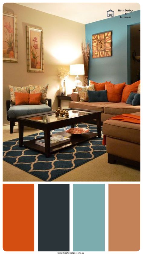 Teal Orange And Gray Living Room, Gray Orange Navy Living Room, Color Palette With Brown Furniture, Fall Color Schemes Living Room, What Colors Go Good With Brown, Burnt Orange Living Room Color Combinations Colour Palettes, Colors That Go With Mustard, Autumn Color Palette Home Decor, Dark Blue And Orange Living Room