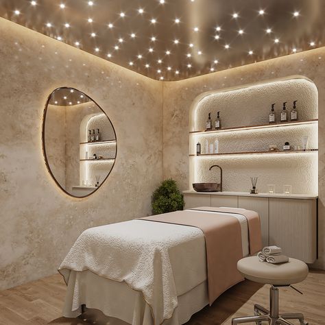 SPA MASSAGE ROOM :: Behance In Home Massage Room, Luxurious Spa Room, Spa Room Organization Ideas, Basement Spa Room Ideas, Spa Ceiling Ideas, Spa Relaxation Room Ideas, Holistic Therapy Room, Esthetician Set Up, Spa Lighting Ideas